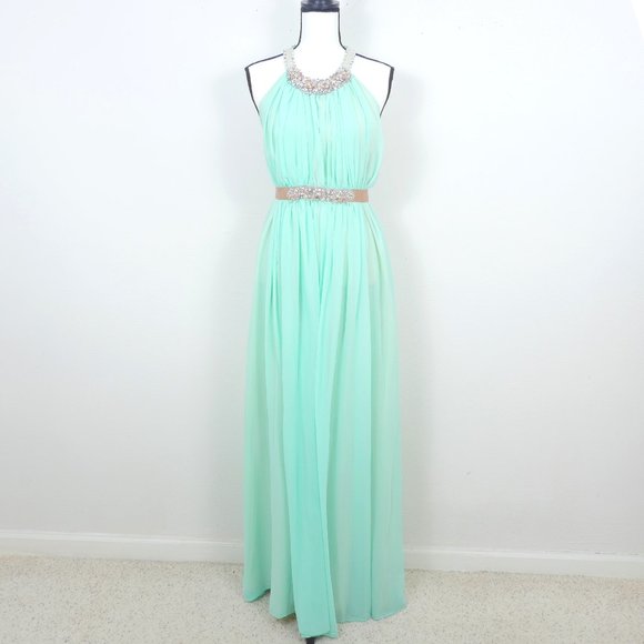 Boston Proper Mint Beaded Goddess Maxi Sleeveless Ribbon Tie Waist Halter Dress - Picture 1 of 16